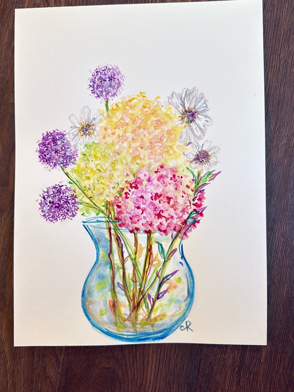 Watercolor Floral Bouquet Painting - Pink, Yellow & Purple
